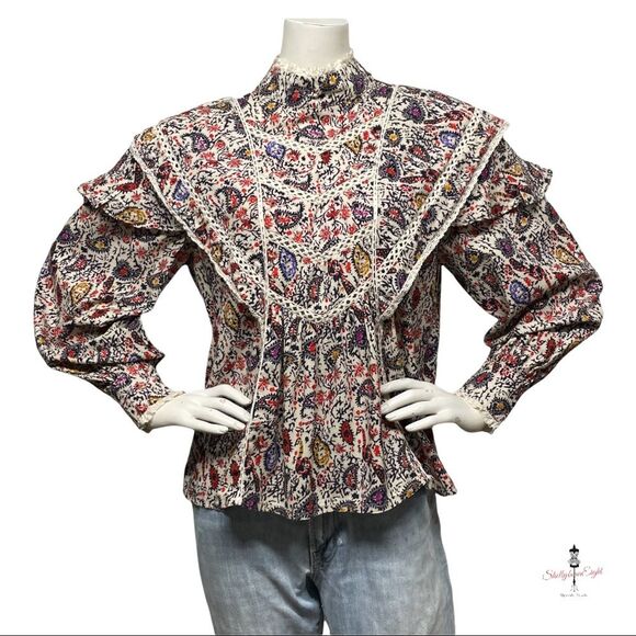 COTTAGECORE Prairie Vintage 70s Look Peacock Print Lace Trim Blouse Top M L - Picture 11 of 16